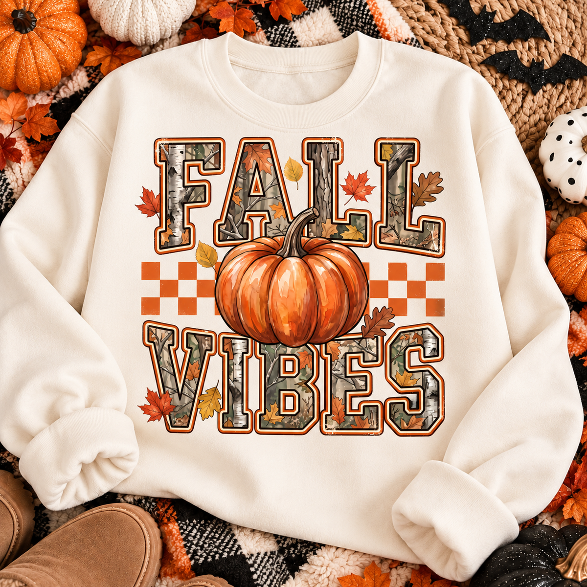 Fall Vibes Pumpkin Camo on a crewneck sweatshirt fall flat lay