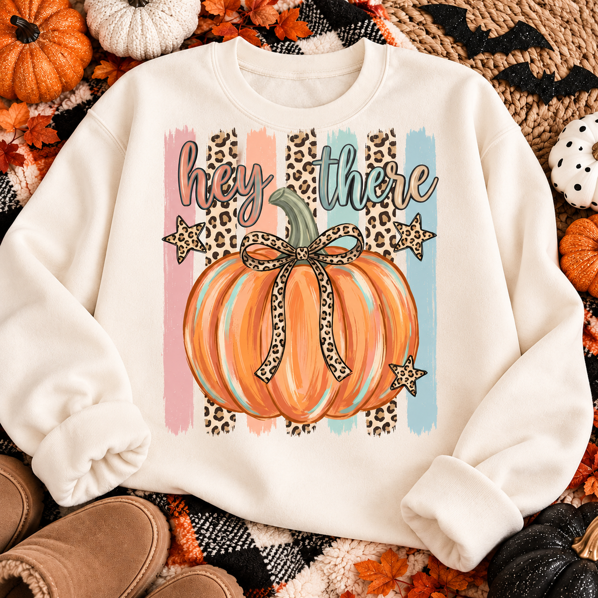 Hey There Pumpkin Leopard Bow on a crewneck sweatshirt fall flat lay