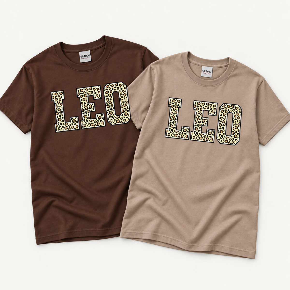 Styled flat lay of LEO leopard tees in Dark Chocolate and Brown Savanna
