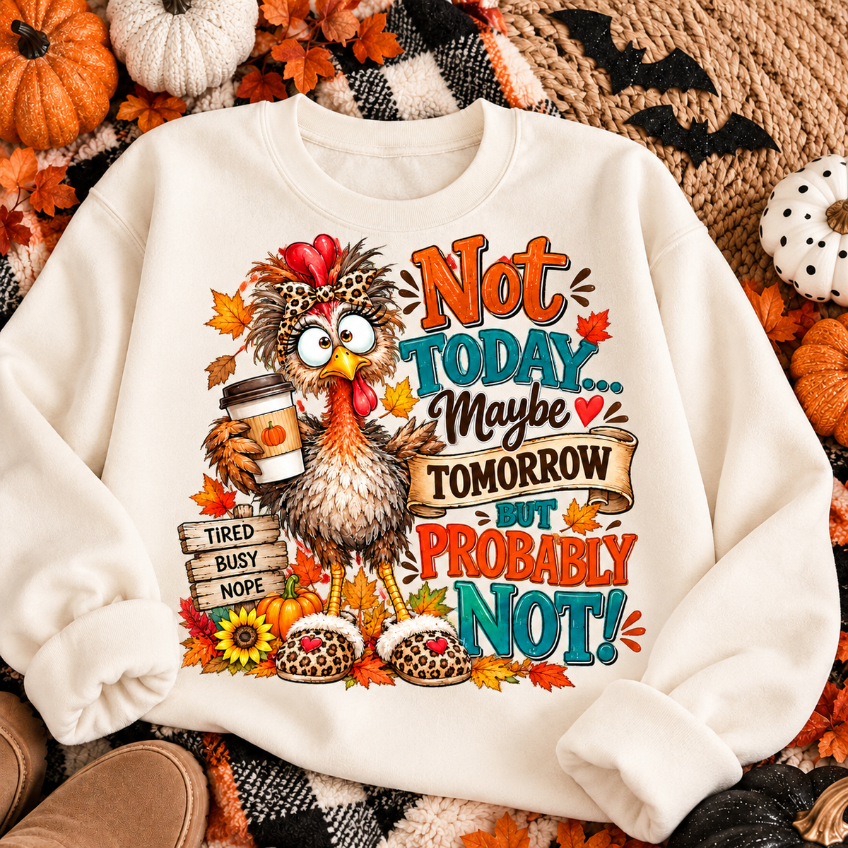 Not Today Maybe Tomorrow fall turkey design on a crewneck sweatshirt flat lay