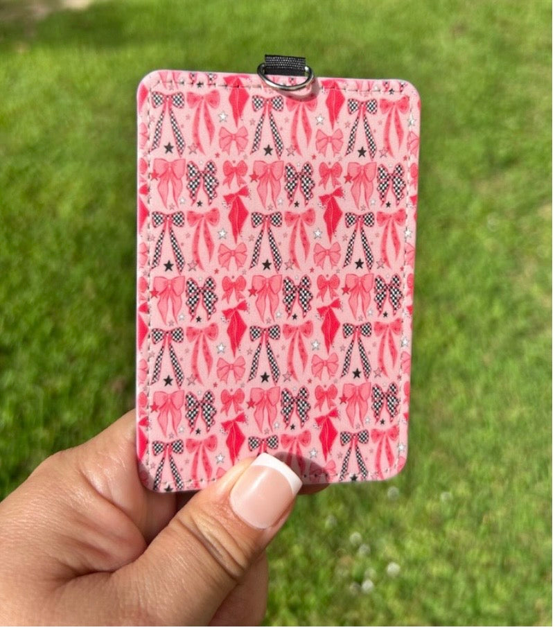 Pink bow patterned ID badge holder